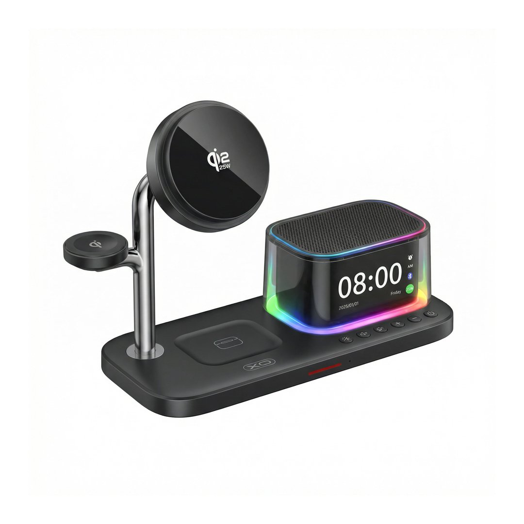 CARGADOR INALAMBRICO 5 EN 1 NEGRO XO-CX045 CON BASE RELOJ LUZ PARLANTE 25W QI